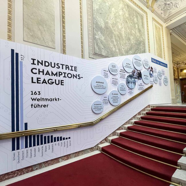 Gesamtansicht der gebrandeten Feststiege der Industriellenvereinigung – Industrie Champions-League mit 163 Weltmarktführern, reversible Montage auf ca. 100 m² mit Kappa-Platten und bedruckten Easy-Dot-Klebefolien, 80-jähriges Jubiläum